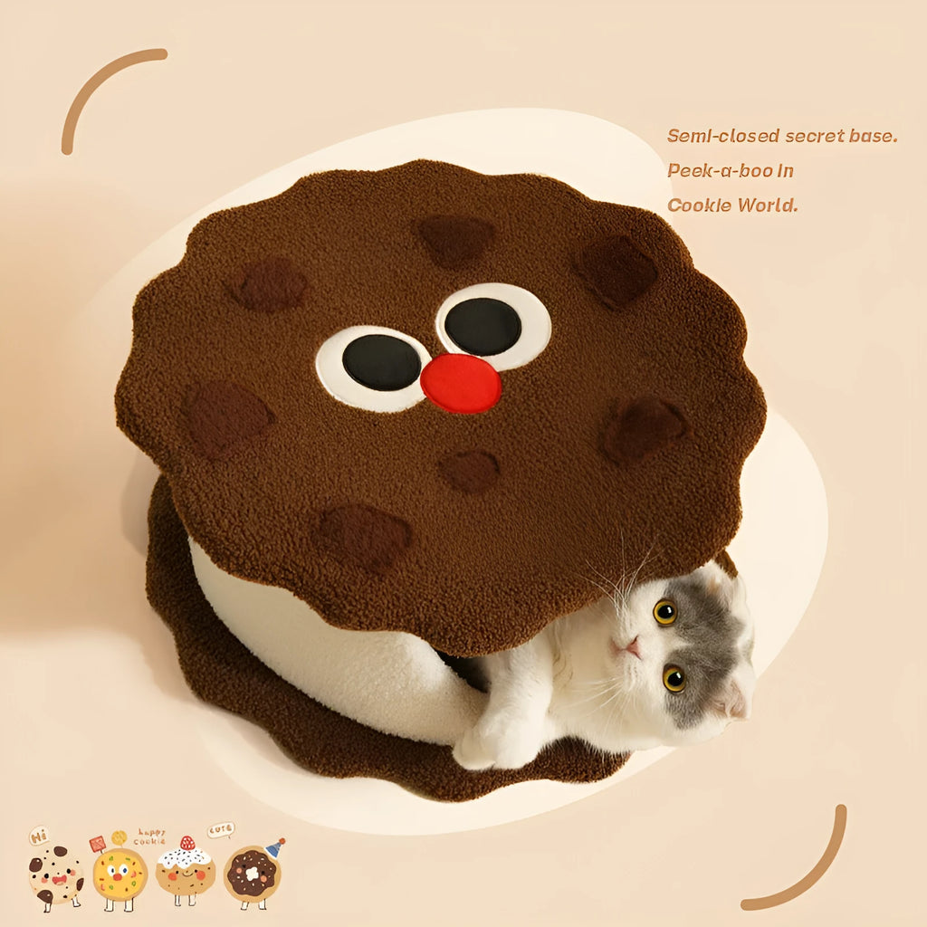 Khaki coloured enclosed cat house with circular entrance, nest-shaped like a sandwich cookie