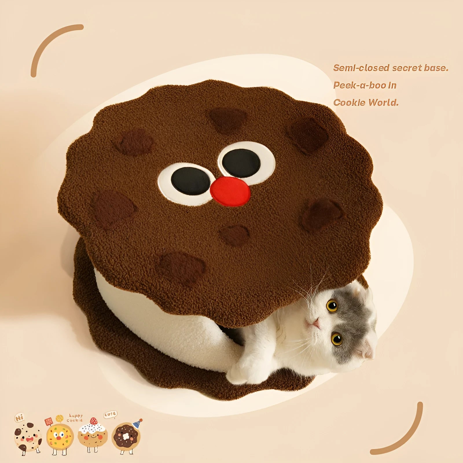 Khaki coloured enclosed cat house with circular entrance, nest-shaped like a sandwich cookie