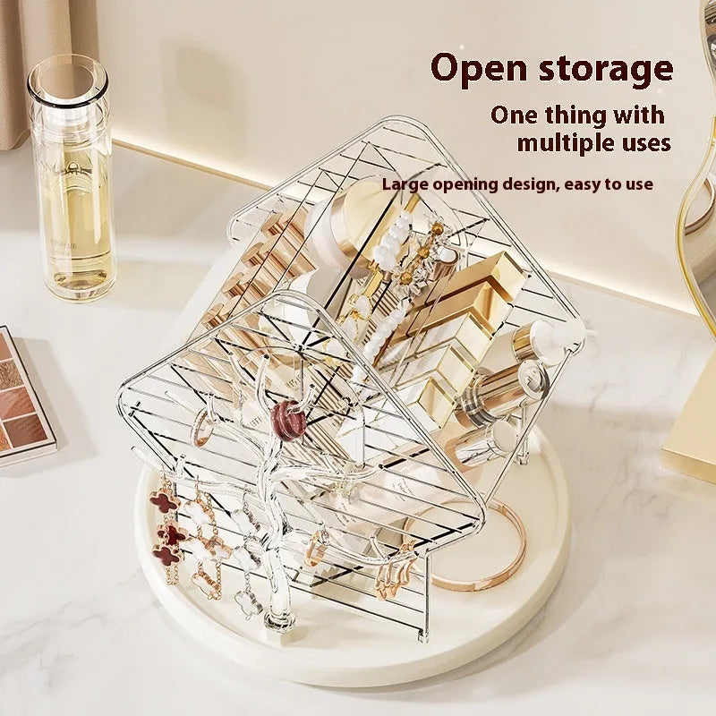 Rotating clear plastic cosmetics storage box with compartments on a 360-degree spinning base.