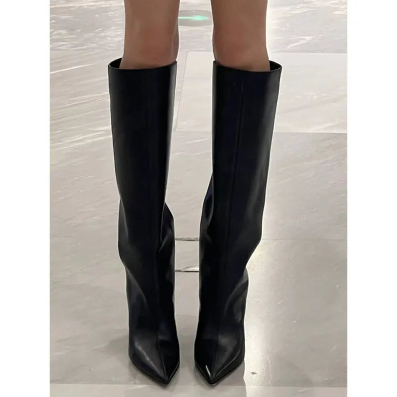 Women's black wide tube wedge heel knight boots with pointed toe and waterproof platform sole
