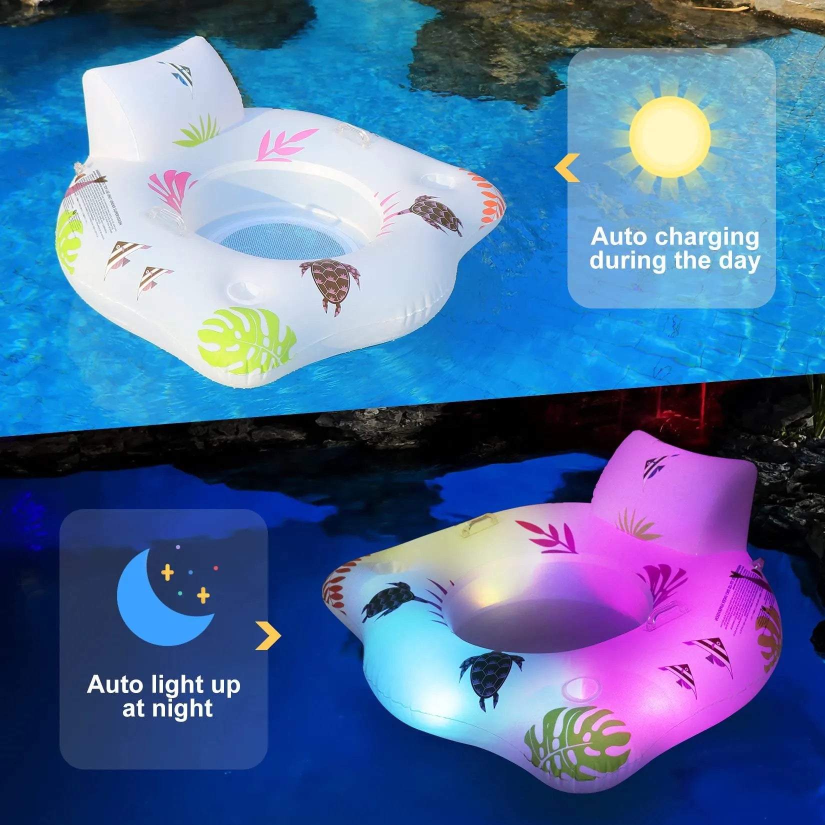 White luminous U-shaped PVC inflatable float seat on water.