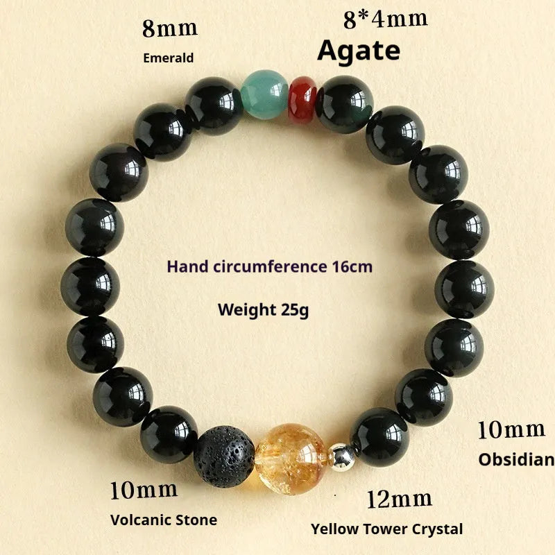 Chinese obsidian yellow tower crystal agate jade bracelet with natural stone beads