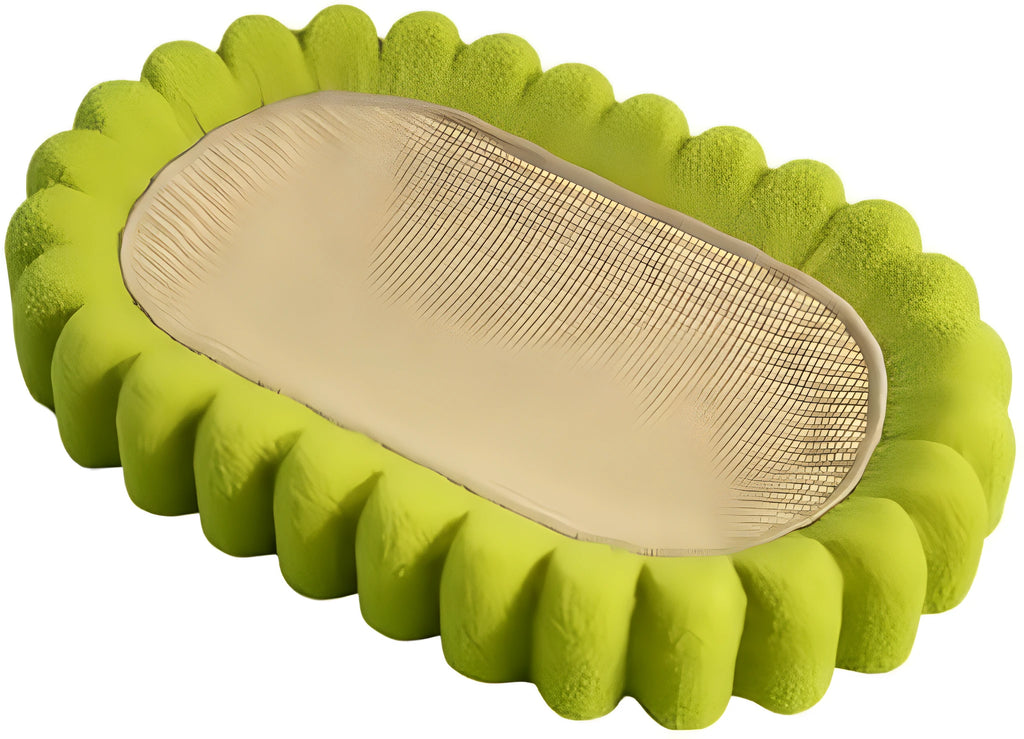 Green oval cat scratch pad bowl bed with sisal scratching surface measuring 650mm by 420mm