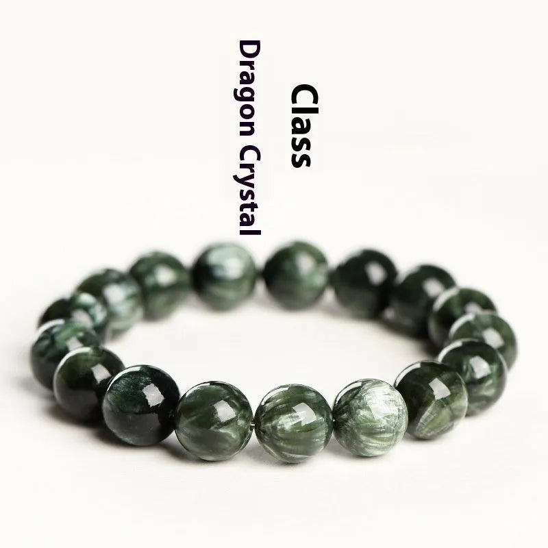 Natural Green Dragon Crystal round bead bracelet with 8-9mm beads and geometric Ruyi design
