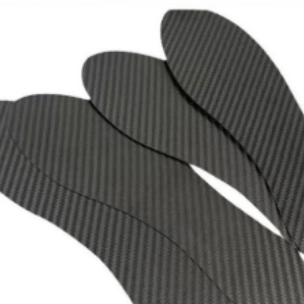 Black full palm carbon fiber running insoles showing three thickness options: 0.8mm, 1.0mm, and 1.2mm.