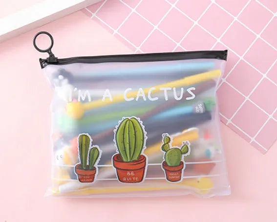 Marvel cartoon pen set showing 20 black 0.5mm pens in cactus-themed plastic storage case