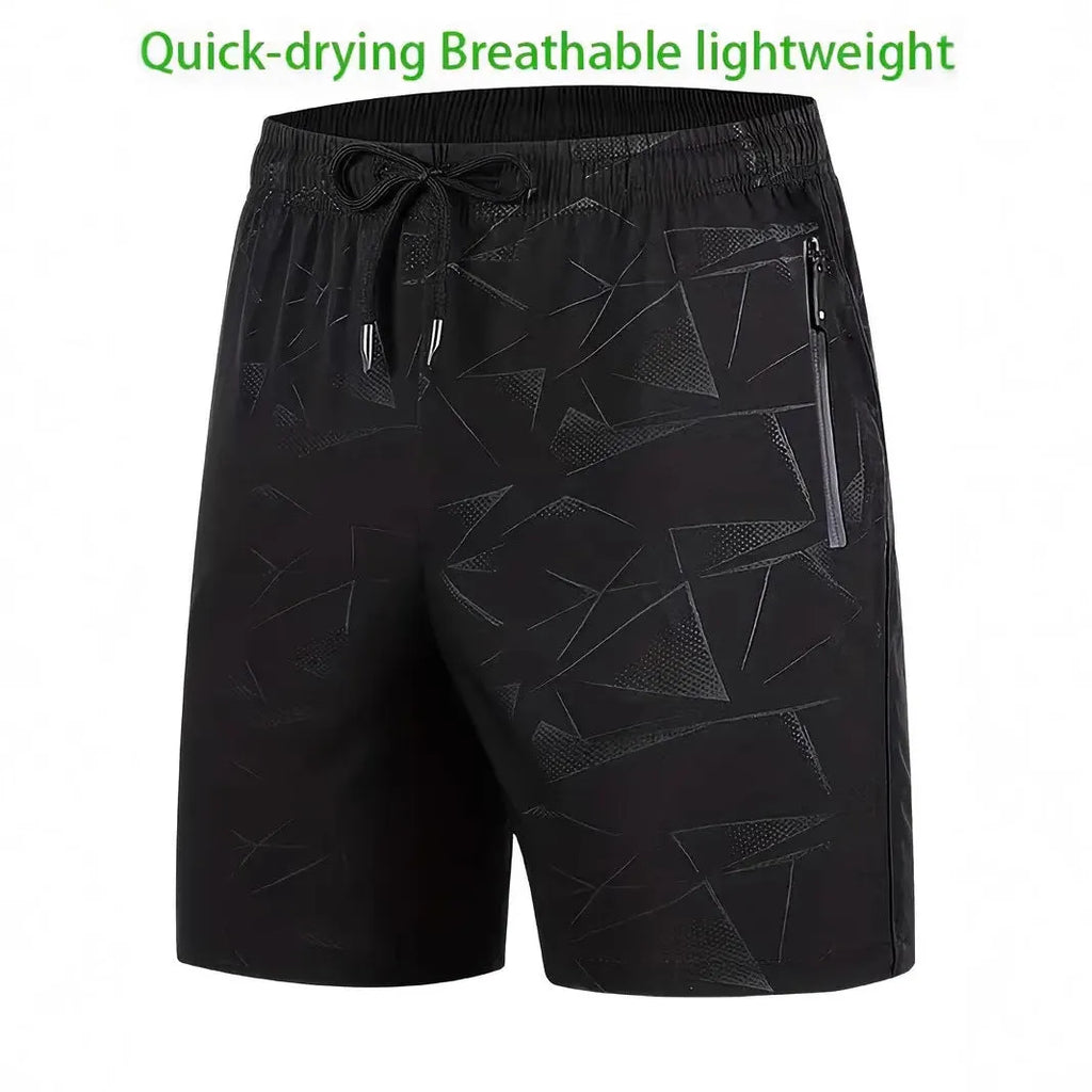 Men's loose fit polyester sports shorts in black, grey or blue colours with elastic waistband