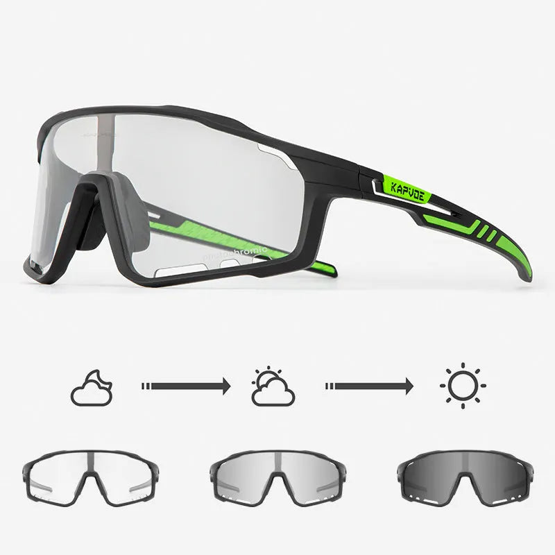 Photochromic cycling sunglasses with a semi-rimless TR90 frame shown in one of fourteen available colours.