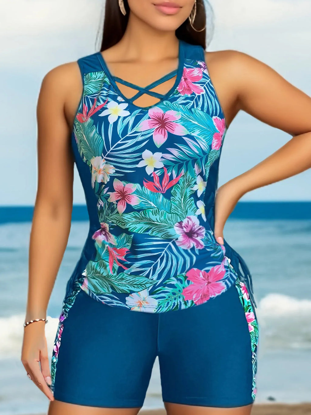 Plus size women's high waist floral print bikini swimsuit in navy blue colour