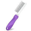 Purple pet detangling comb with stainless steel teeth and ergonomic handle for dogs and cats.