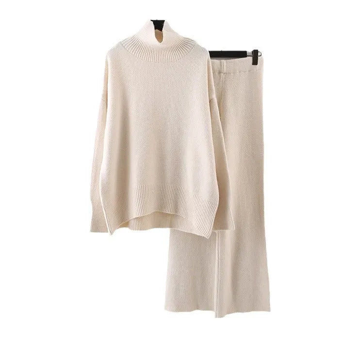 Women's casual two-piece set featuring a long-sleeve sweater and wide-leg trousers in a solid colour.
