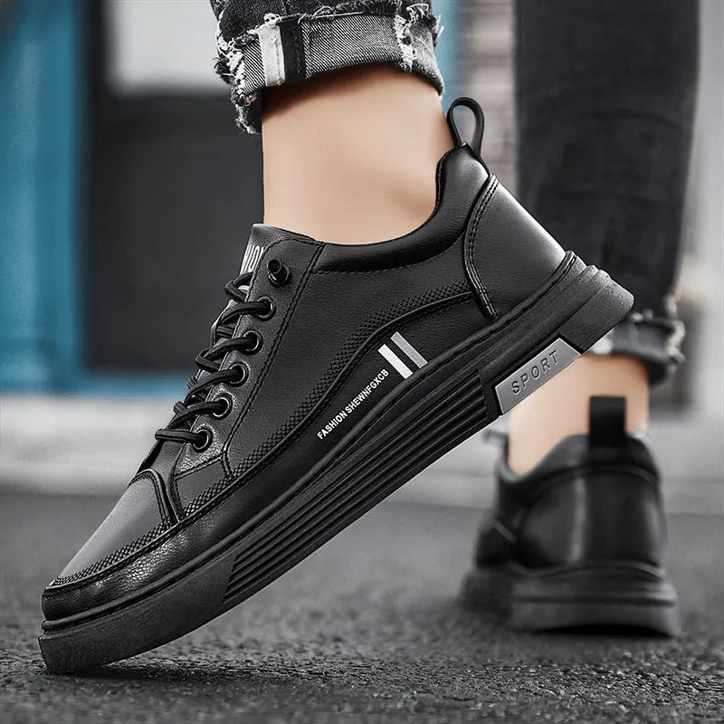 Men's white low-top skate shoes with elastic band closure and rubber sole.