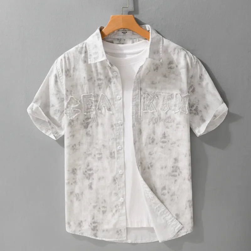 Men's light pink pure cotton short sleeve cardigan with hanging dyed print in loose fit