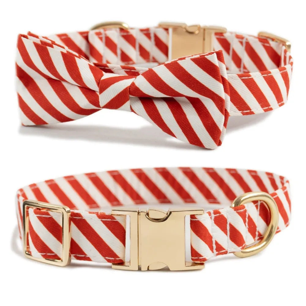 Striped engravable dog collar in candy green with matching bow accessory, showing adjustable buckle and sizing options