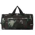Large camouflage-coloured luggage bag made from waterproof fabric with striped lining.