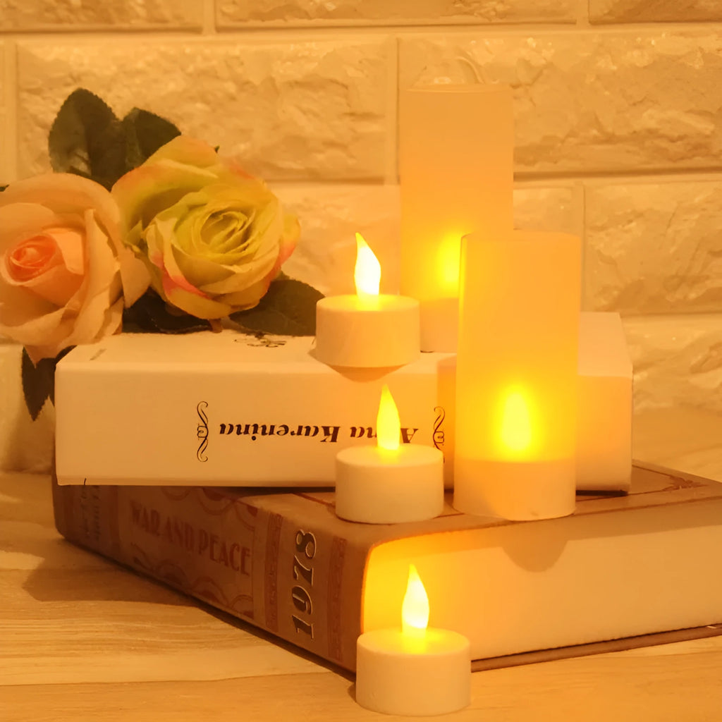 White plastic USB rechargeable LED candle lamp with flickering flame effect on wooden table