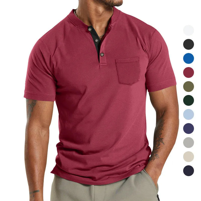 Plus size man wearing a solid colour short sleeve shirt with a buttoned chest pocket.