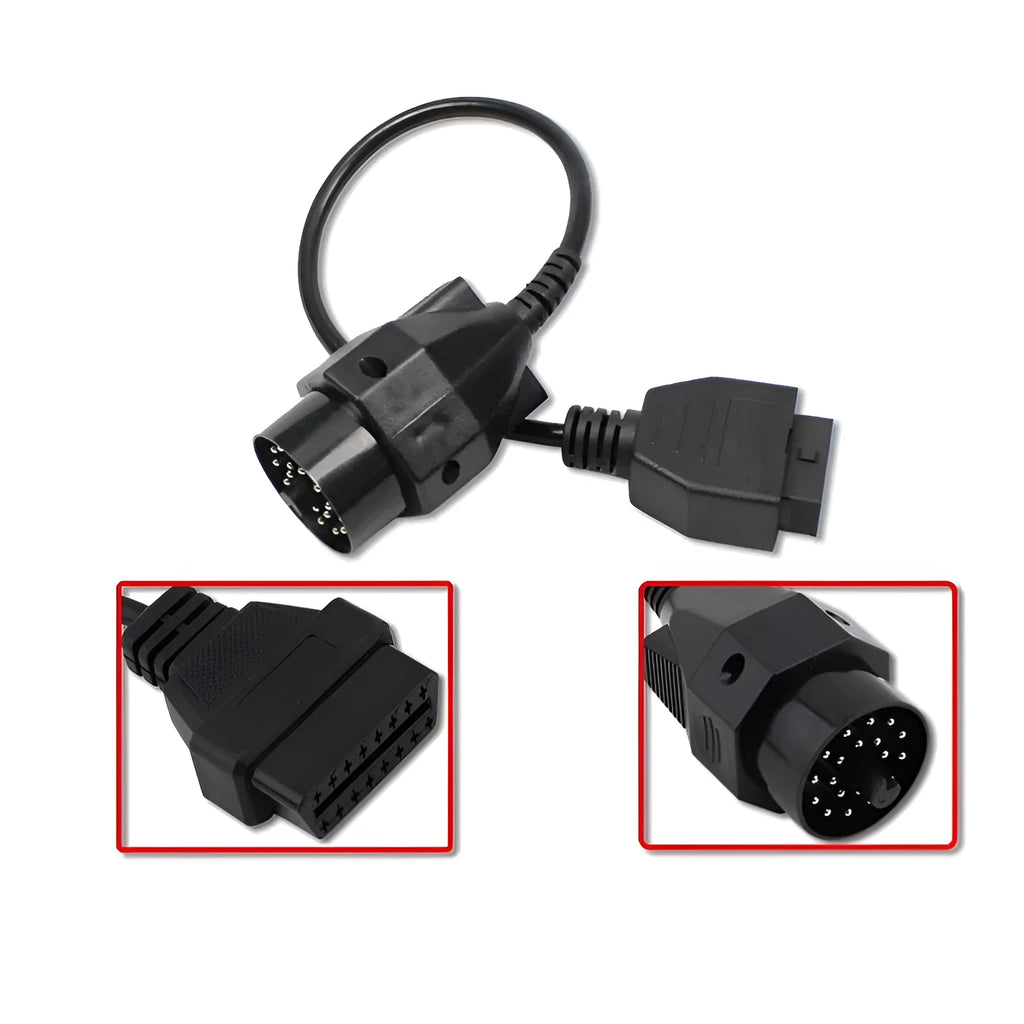 BMW 20-pin to OBD2 16-pin diagnostic adapter cable connector on a white background