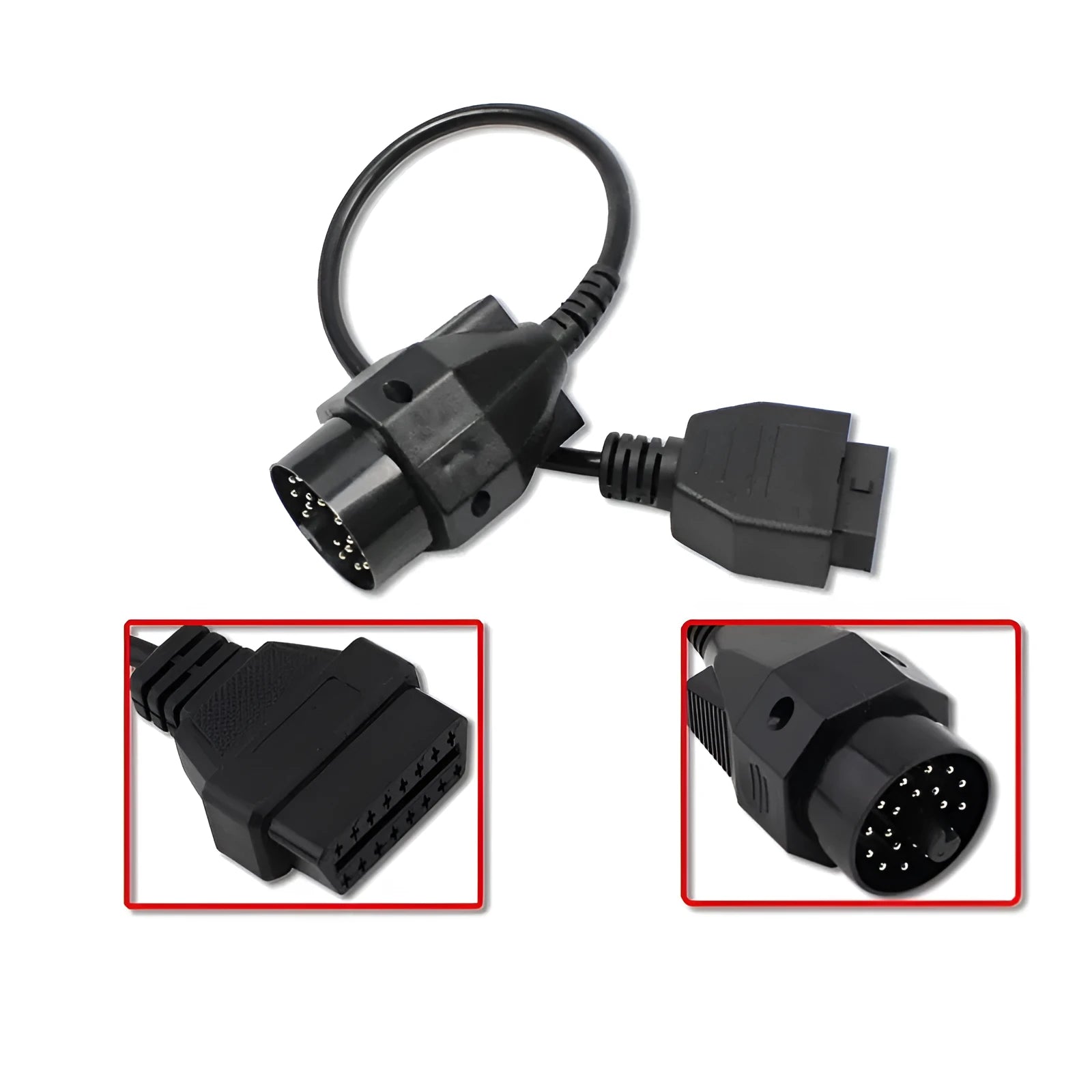 BMW 20-pin to OBD2 16-pin diagnostic adapter cable connector on a white background
