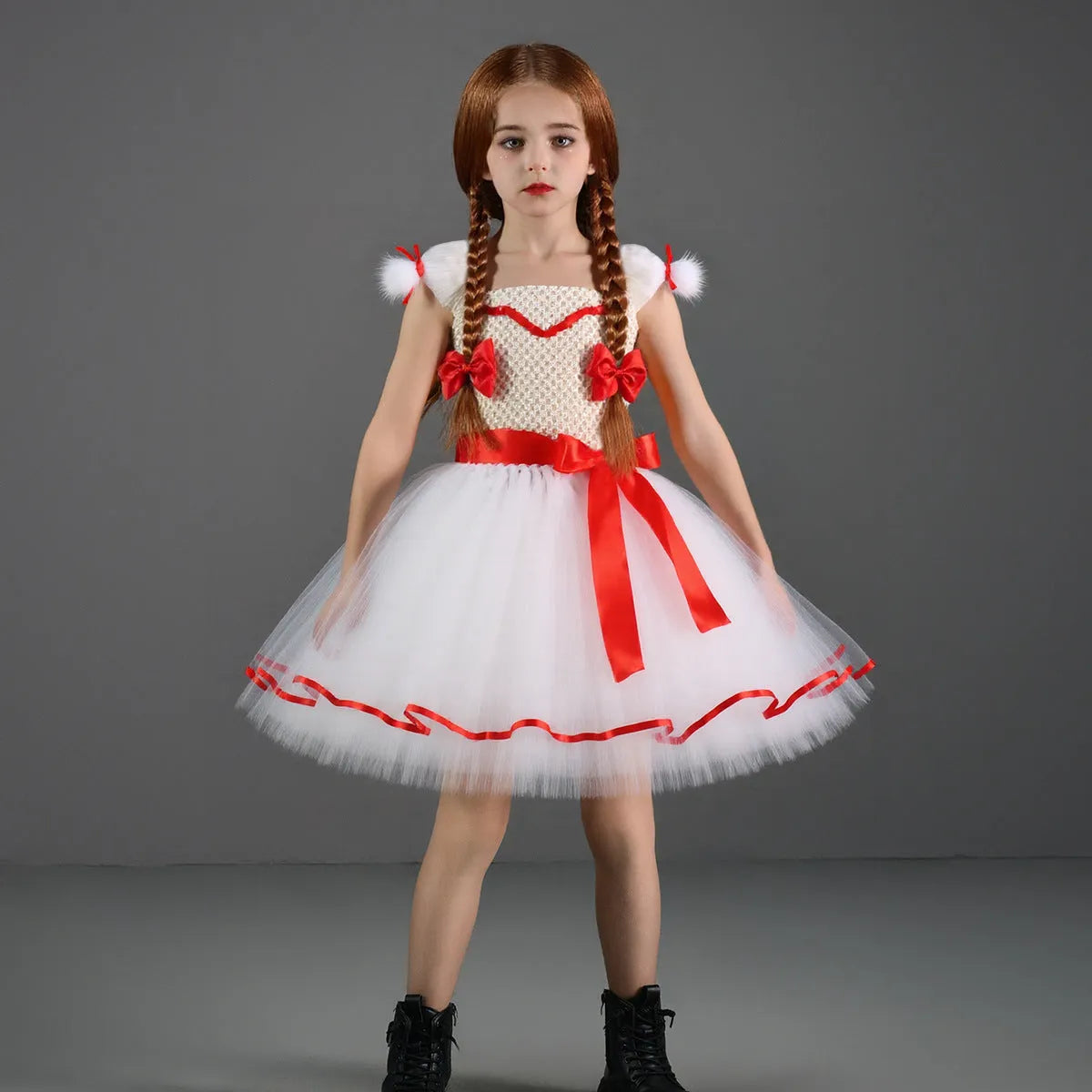 Children's white ghost doll costume dress with skirt bow barrettes and hair clips, Halloween cosplay