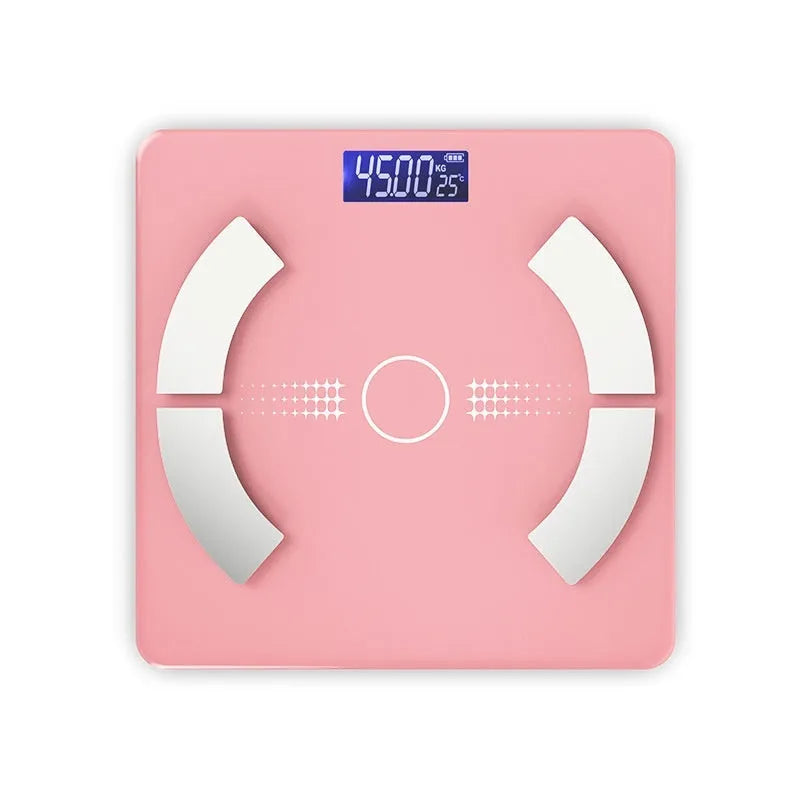 Bluetooth body fat scale in white colour showing digital display with health metrics including weight and body fat percentage