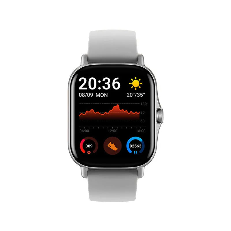 GT20 smartwatch with alloy case and silicone band showing health metrics on its 1.75-inch screen.