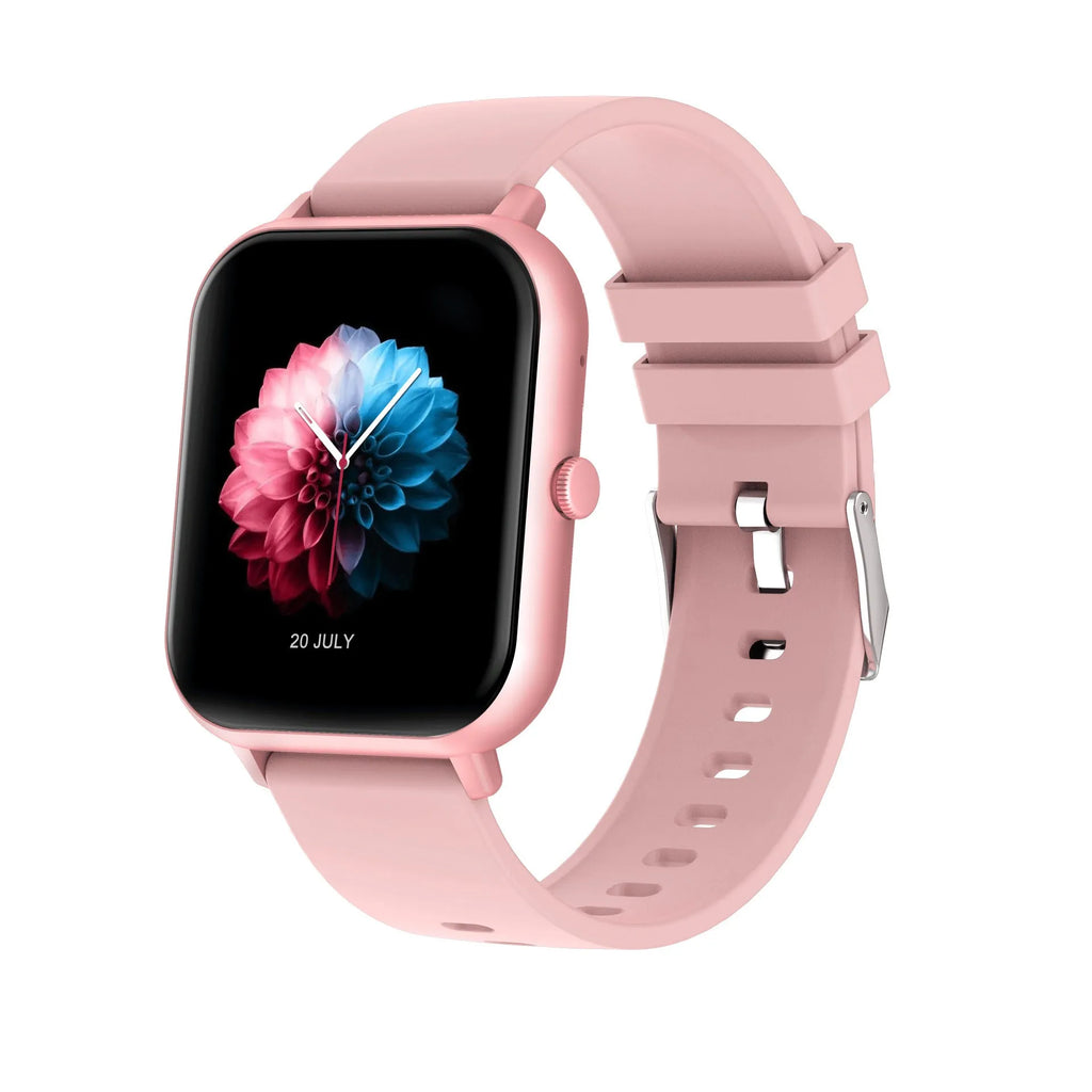Bluetooth smart watch with heart rate monitor on wrist, shown in black, silver, pink, and khaki colour options.