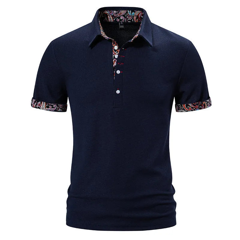 Men's cotton blend polo shirt in black with colour stitching detail and a turnover collar.