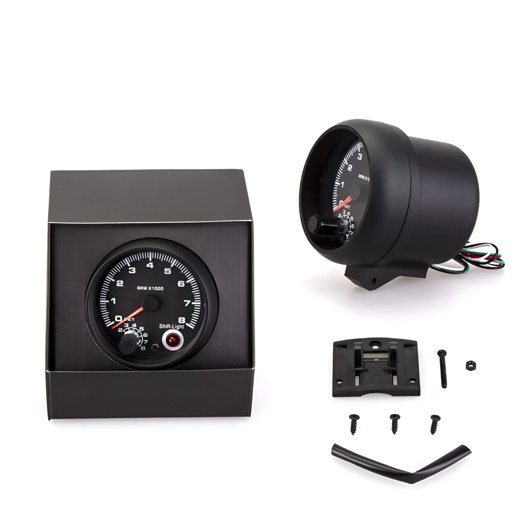 Black car tachometer with blue light pointer display showing 95mm size measurement