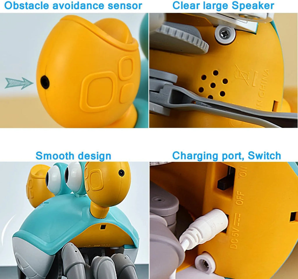 Blue or red electronic crab dog toy with obstacle avoidance sensors, moving sideways on a floor.