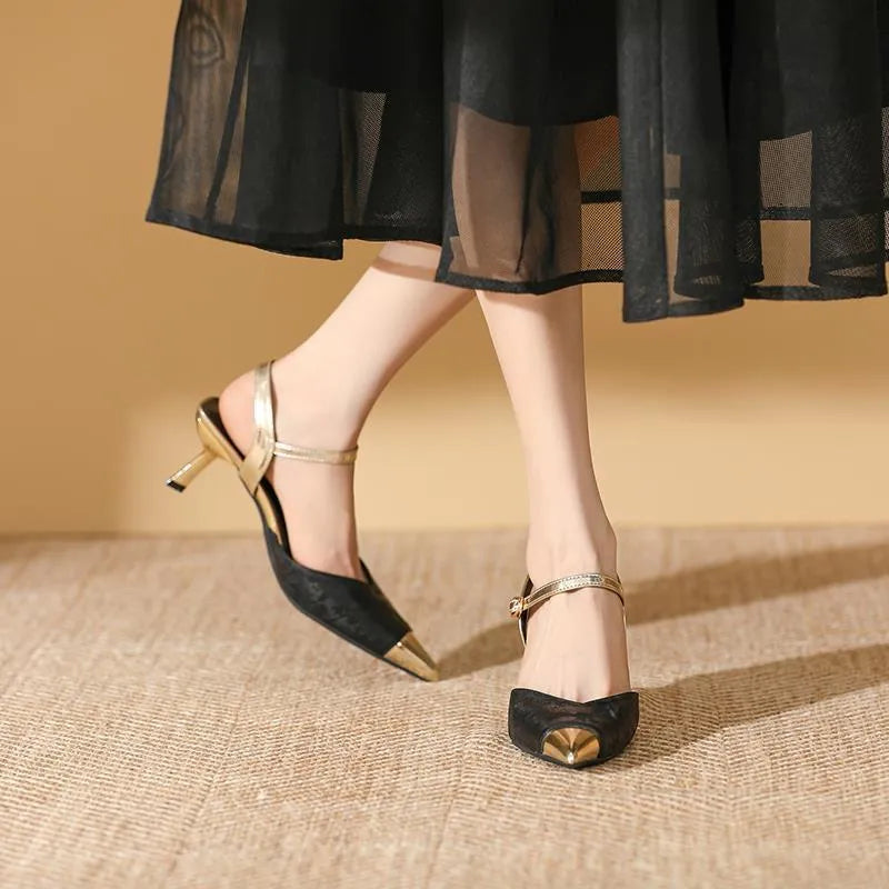 Women's genuine leather high-heeled sandals with pointed toe and 6cm heel in multiple colour options