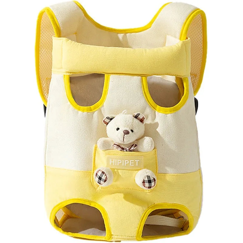 Soft canvas pet carrier bag with cartoon animal design showing colourful stitching details