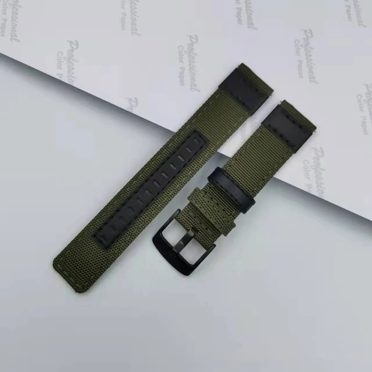 Oxford cloth watch strap in camouflage colour showing textile texture and standard watch lugs