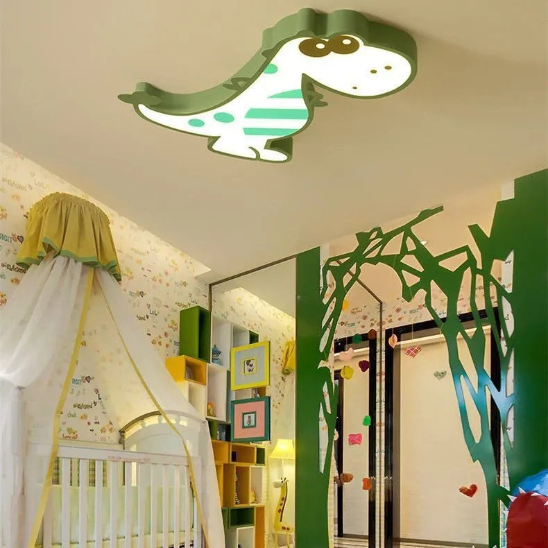 Green cartoon dinosaur ceiling light with aluminium body and PVC shade, electrodeless dimming function