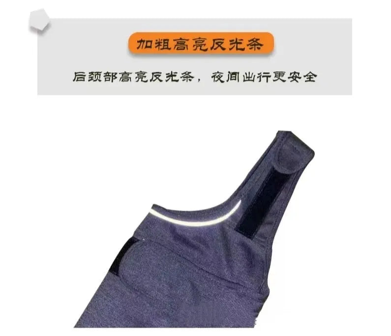 Heather grey dog anxiety vest shown on a model, illustrating its jacket style and fit.