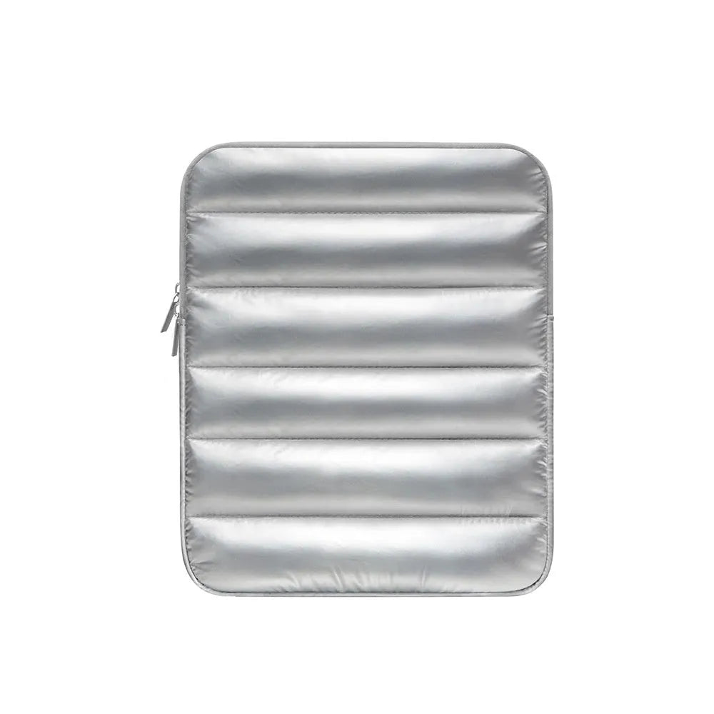 Fluffy air puff laptop sleeve with elastic sides for 9.7 to 11 inch devices in black, khaki, or silver