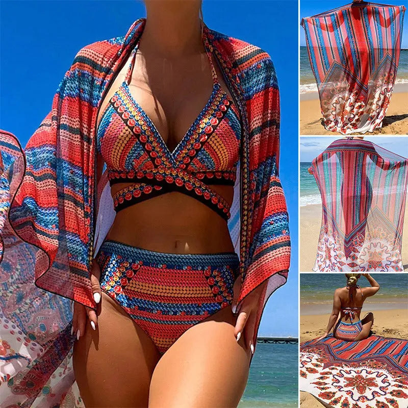 Women's three-piece swimsuit set showing high-waist briefs, a cutout blouse, and a matching coat in polyester.