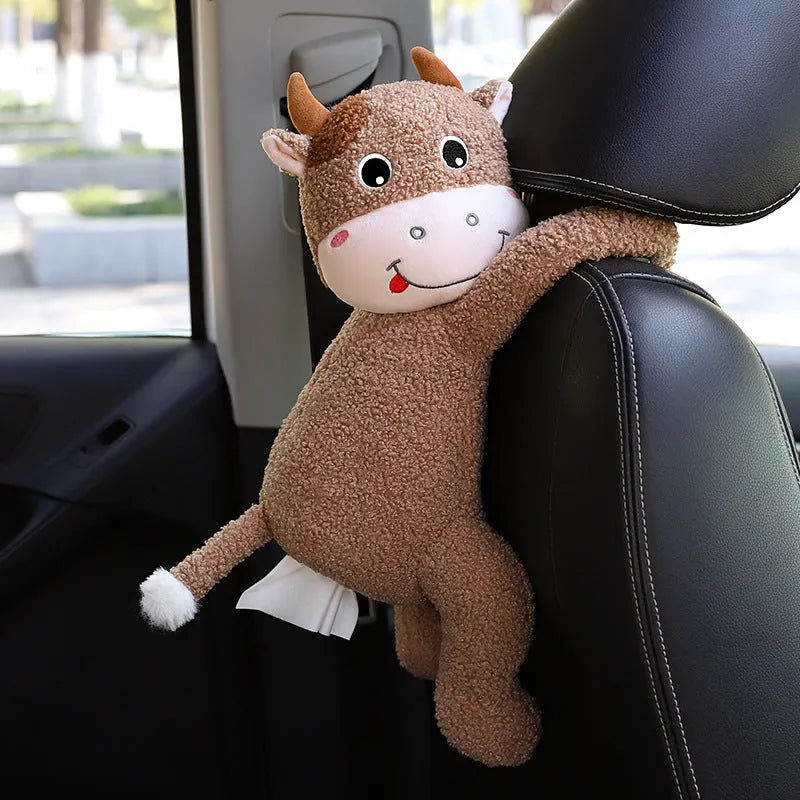 Plush car seat tissue holder with strap attached to vehicle seat back in animal design