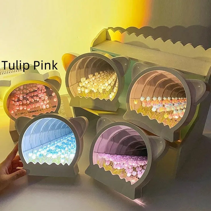 DIY cat head shaped night lamp kit with colourful tulip flowers for self-assembly