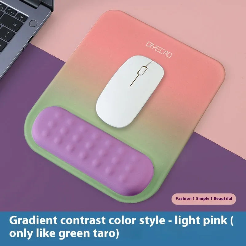 Ergonomic mouse pad with raised wrist support in a choice of contrast colour patterns on a desk.