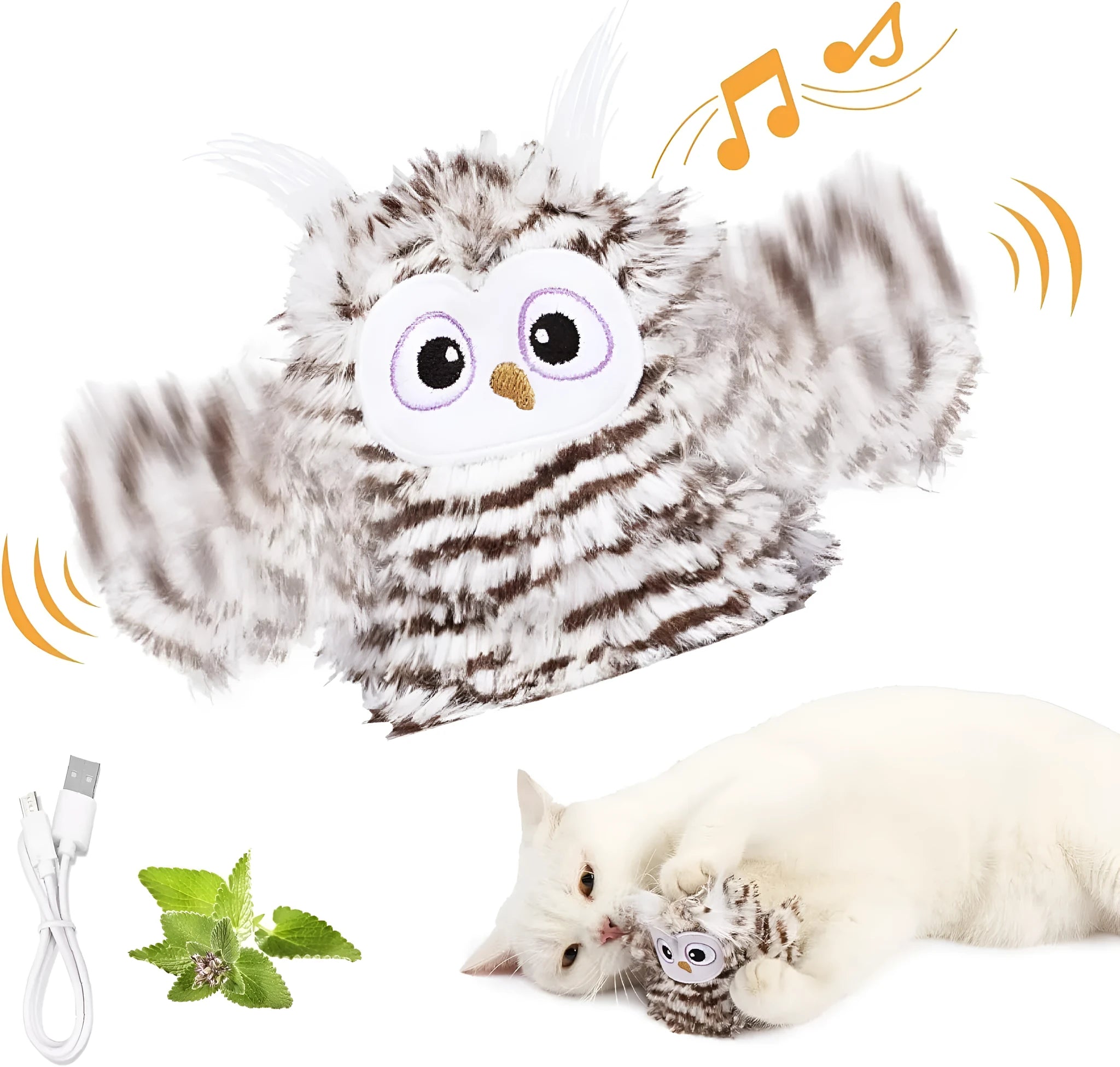 Grey owl-shaped automatic cat toy with flapping wings on flat surface
