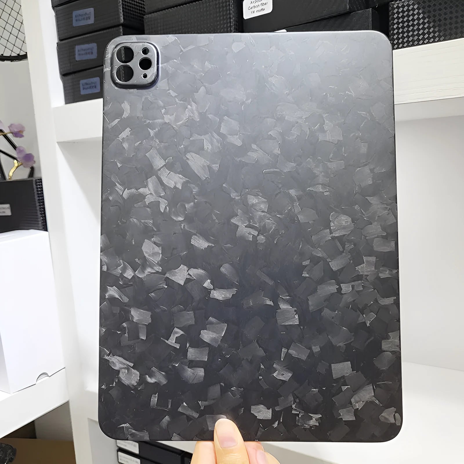 Carbon fibre hard protective case for Apple iPad Pro 11 showing 3K weave texture