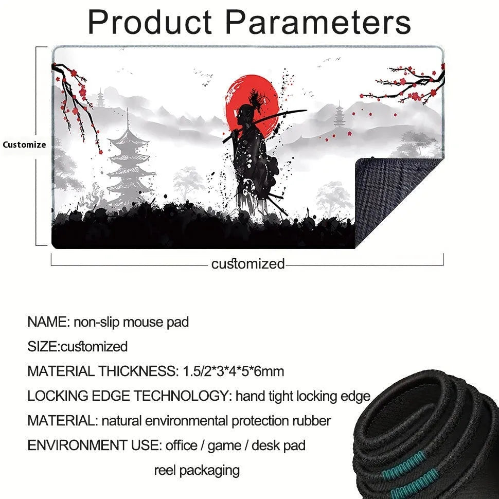 Japanese Samurai themed large gaming mouse pad with cloth surface and non-slip rubber base