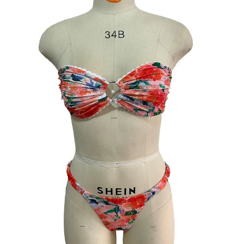 Floral print polyester bikini set with tube top and lace briefs in multiple colour options
