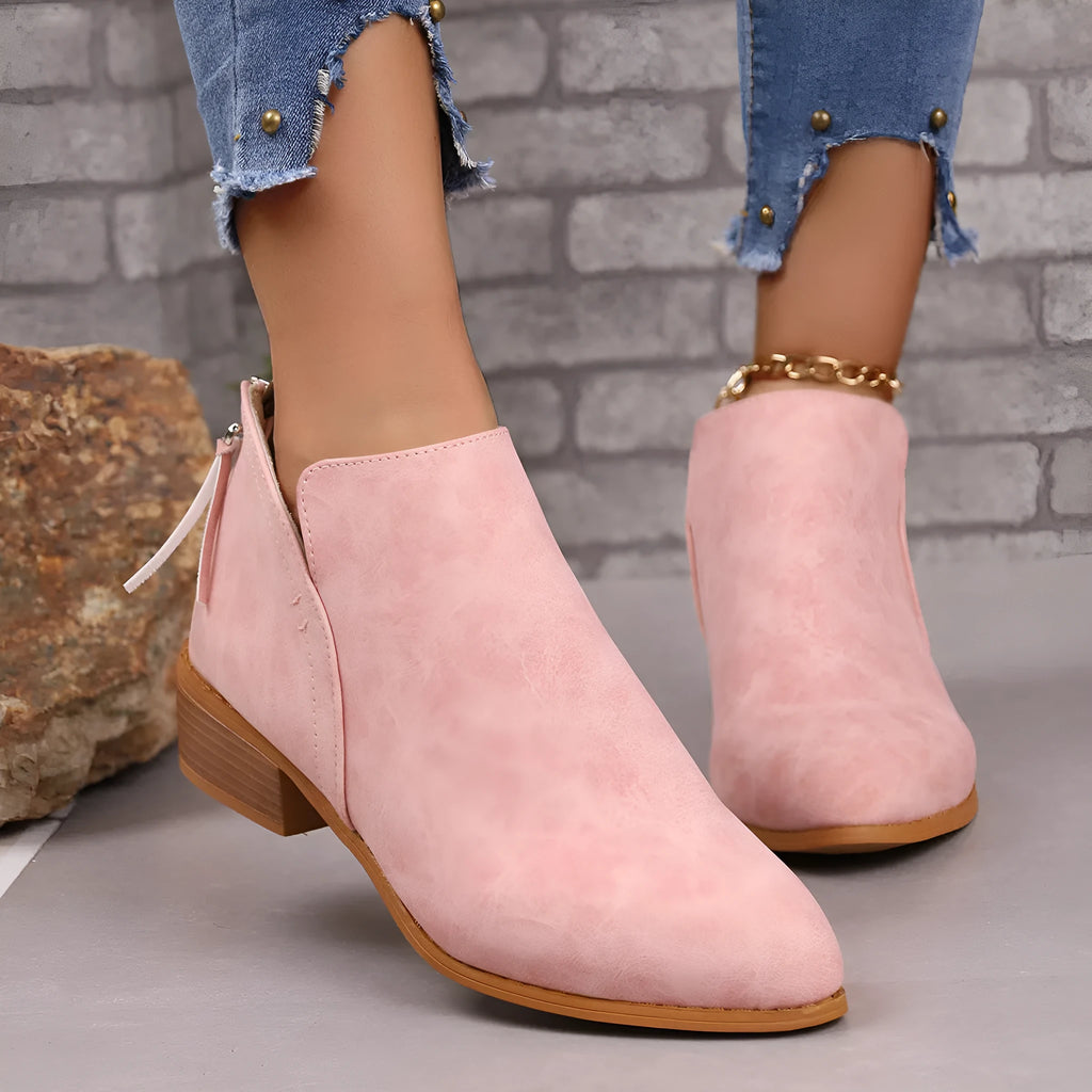 Chunky heel pointed toe ankle boots with V-cut design for women, in khaki colour, side view