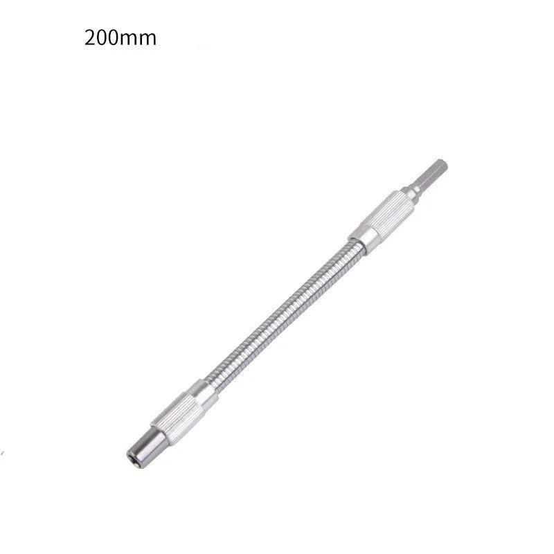 Silver metal flexible shaft extension for cordless drills with a 6.35mm shank.