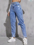 Women's ripped washed skinny jeans in light blue with nine-part calf length, high waist, cotton denim stretch fabric