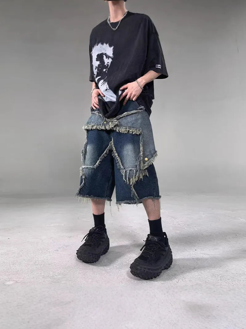 Blue retro denim shorts with frayed five-pointed star decoration and loose fit
