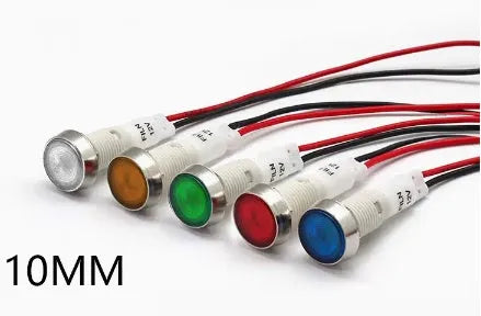 10mm plastic indicator light with stainless steel bezel and attached wire, shown in multiple colour options.