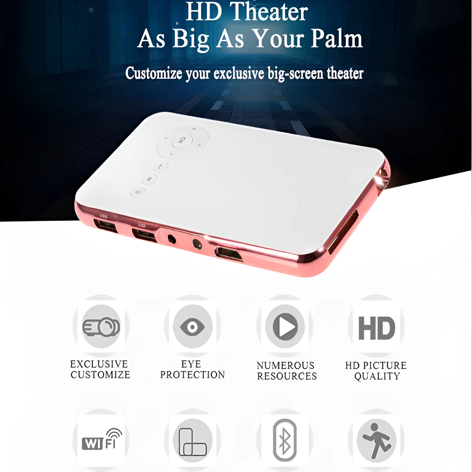White and rose gold M6S miniature portable Android smart DLP projector on a surface.